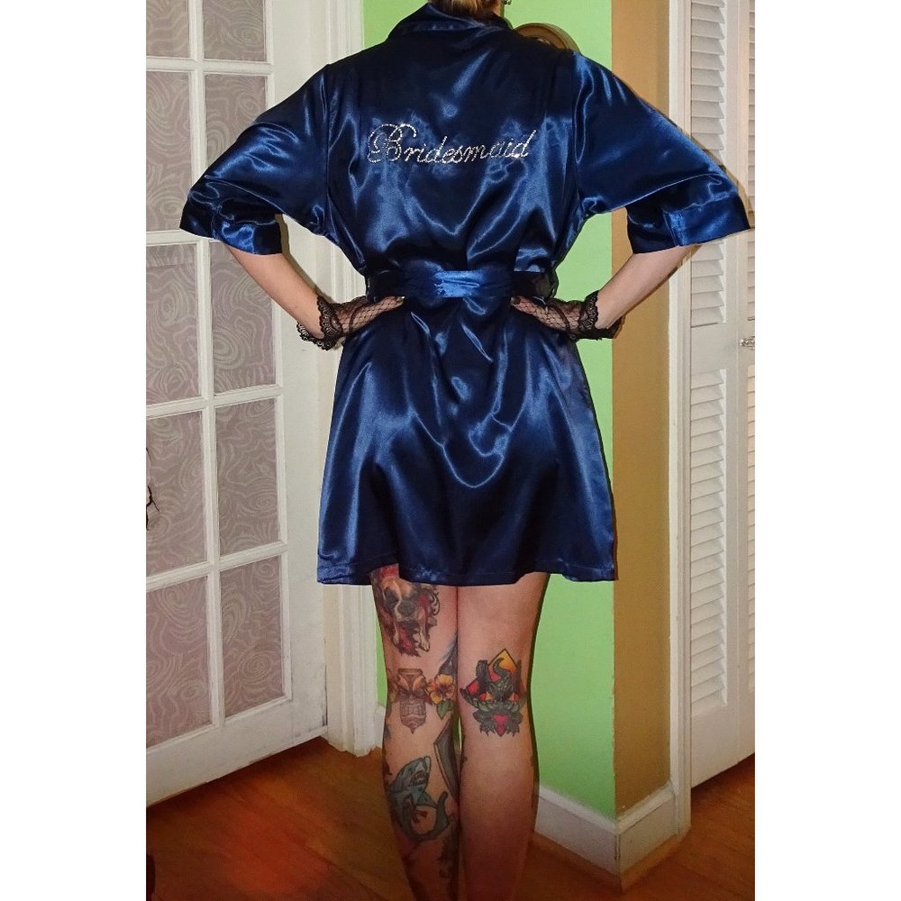 Vintage Navy Blue Bridesmaid Robe S to M Rhinestones pinup retro sleepwear